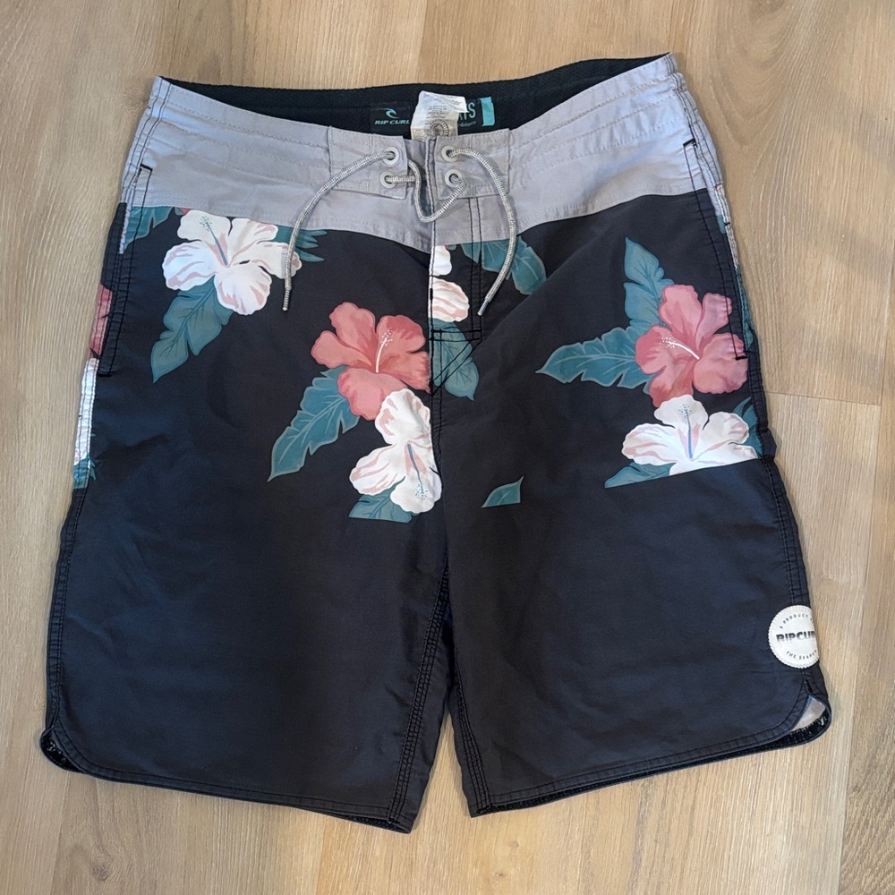Rip Curl Black Boardshorts with Pink & White Hibiscus